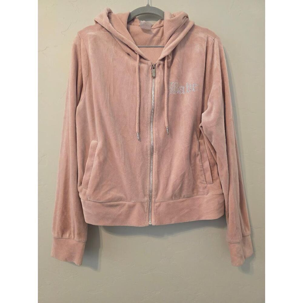 Y2K Pink Velour Zip Hoodie Rhinestone Babe Graphic Soft Girl Size 21 (XXXL)